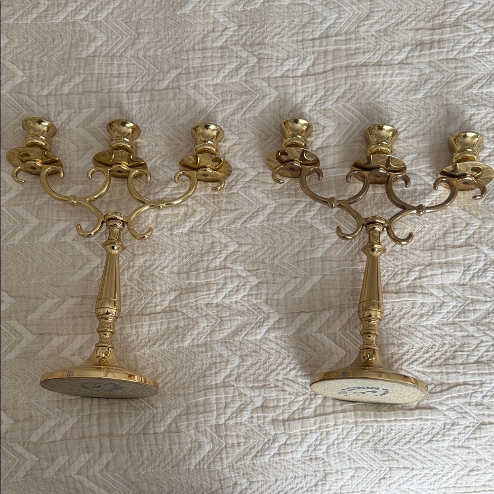baldwin Polished Gold Three-Arm Brass Candelabra Pair